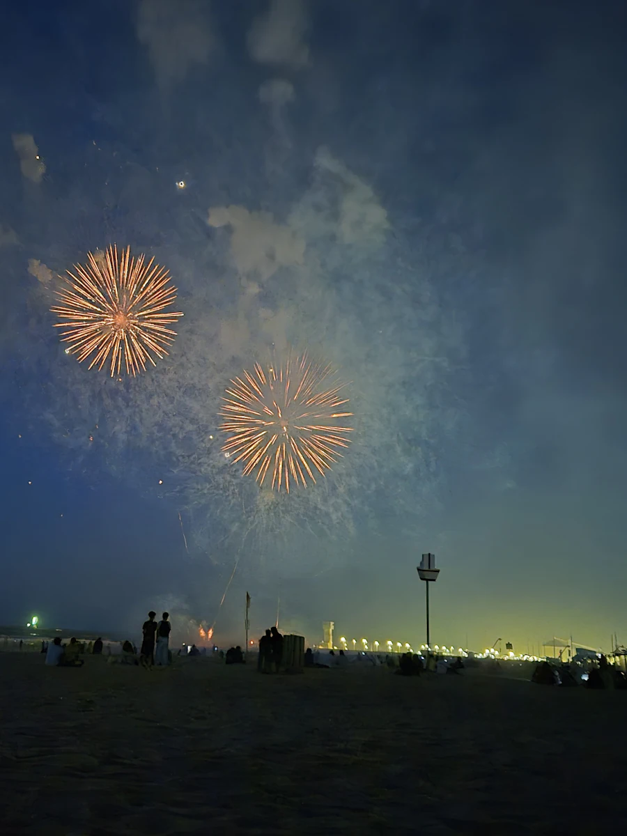 Fogos de artifício sobre a praia à noite, com o público na areia